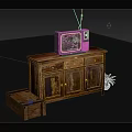 Rustic Wooden TV Stand With Drawers Cabinet Doors And Small Plant Decor