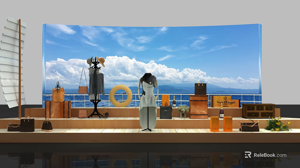 Scenic Check-in Photo Spot With Blue Sky White Clouds Ocean Mountains Mannequins And Boxes 3d model 