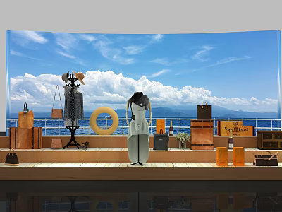 Scenic Check-in Photo Spot With Blue Sky White Clouds Ocean Mountains Mannequins And Boxes 3d model