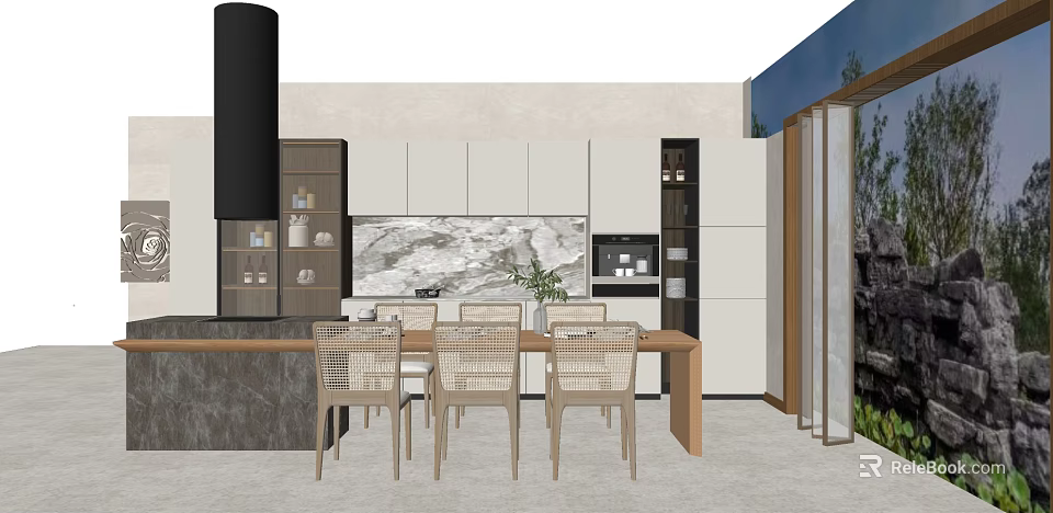 Modern Dining Table Set With Woven Chairs And Marble Backsplash In Kitchen 3d model