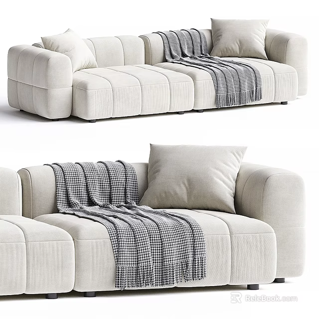 Modern Light Colored Sectional Sofa With Striped Blanket And Soft Pillows 3d model