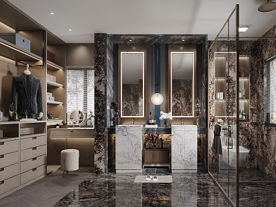 Modern Luxury Bathroom Interior With Marble Countertop Double Mirrors And Glass Shower Enclosure 3d model