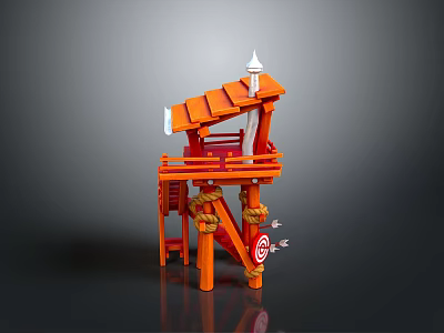Orange Watchtower With Sloped Roof White Spire Red Ladder Ropes Circular Sign And Support Posts 3d model