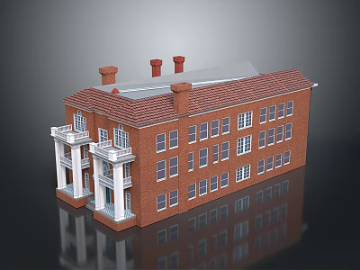 Classic Red Brick Building With White Columns Chimneys And Multiple Windows 3d model
