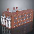 Classic Red Brick Building With White Columns Chimneys And Multiple Windows 3d model