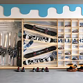 Organized Sports Equipment Display with Skis Snowboards and Snow Boots on Wooden Shelves with Blue Decor