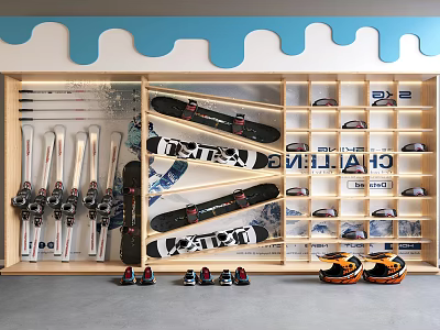 Organized Sports Equipment Display with Skis Snowboards and Snow Boots on Wooden Shelves with Blue Decor 3d model