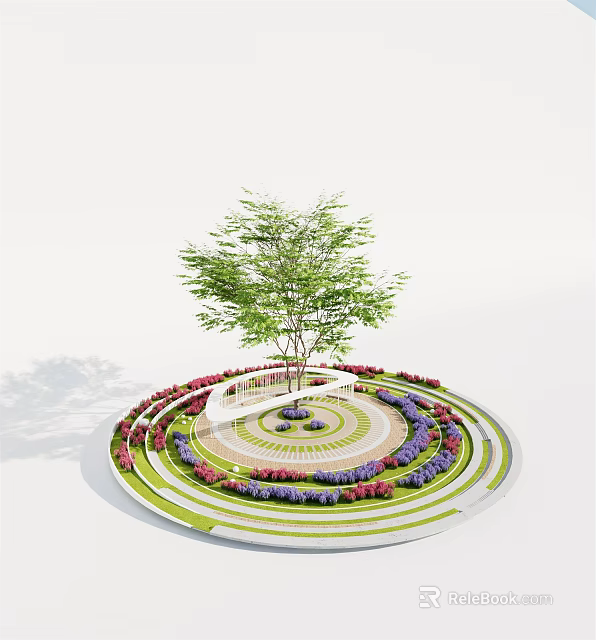 Circular Tree Pit Design With Colorful Flowers Circular Pathway And Lawn 3d model