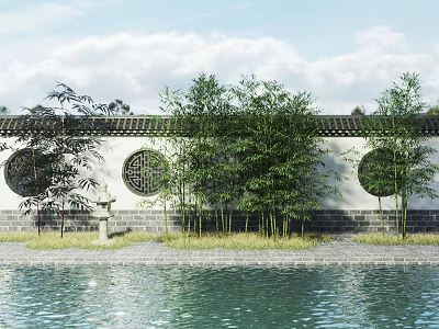 Lush Bamboo Plants Growing Along White Wall With Circular Windows By Pond And Stone Path 3d model