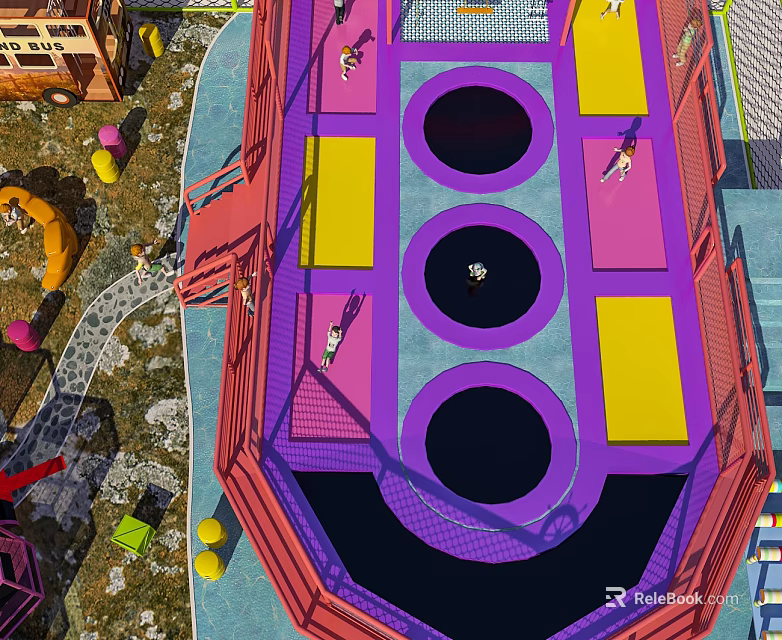 Colorful Trampoline Park With Purple Yellow Sections Circular Holes Safety Nets And Slides 3d model 