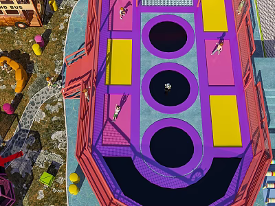 Colorful Trampoline Park With Purple Yellow Sections Circular Holes Safety Nets And Slides 3d model