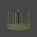 Blue and Black Dragonfly Perched on Branch with Green Reeds and Water Surface