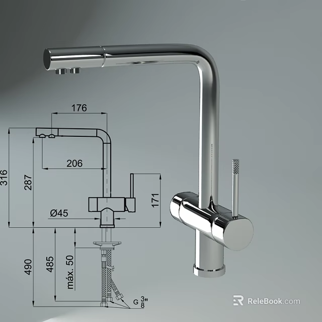 Technical Drawing of Chrome Kitchen Faucet With Detailed Dimensions and 3d model 