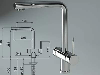 Technical Drawing of Chrome Kitchen Faucet With Detailed Dimensions and 3d model