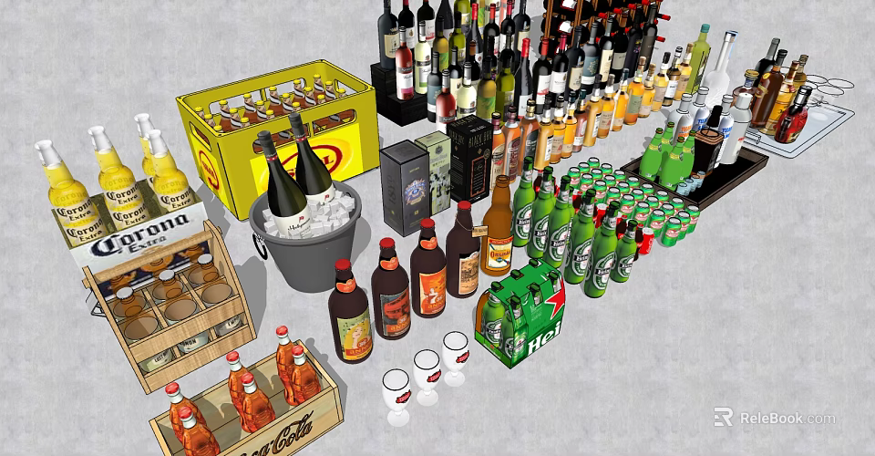Assorted Wine Bottles And Glasses With Ice Bucket Wooden Crates And Stacked Drinks 3d model 
