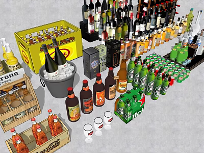 Assorted Wine Bottles And Glasses With Ice Bucket Wooden Crates And Stacked Drinks 3d model