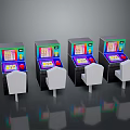 Arcade Gaming Machines Featuring Four Units Colorful Screens Control Buttons White Chairs Gray Background