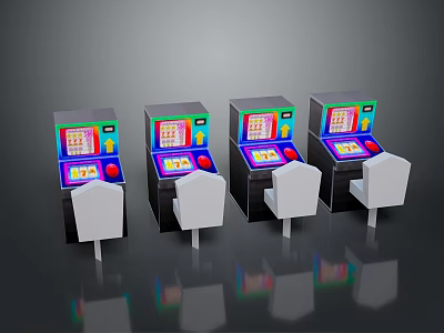 Arcade Gaming Machines Featuring Four Units Colorful Screens Control Buttons White Chairs Gray Background 3d model
