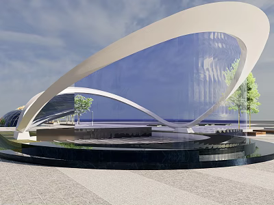 Modern Architectural Structure With Curved White Roof And Blue Glass Facade Near Trees 3d model
