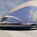 Modern Architectural Structure With Curved White Roof And Blue Glass Facade Near Trees