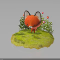 Cute Red Fox Character Standing On Green Grass With Pink Flowers And Plants