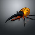 3D Model of Beetle With Yellow Black Spotted Body Long Black Horn and Orange Parts