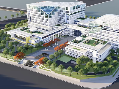 Modern Office Building Complex With Green Roof Surrounding Trees And Parking Area 3d model