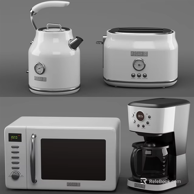 Modern Kitchen Appliances Including Kettle Toaster Microwave And Coffee Maker 3d model