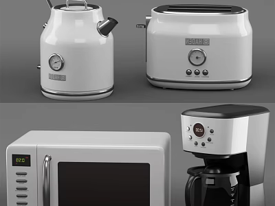Modern Kitchen Appliances Including Kettle Toaster Microwave And Coffee Maker 3d model