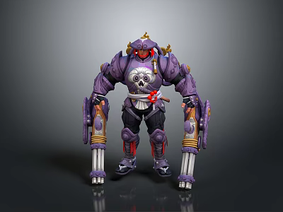 Purple Armored Mechanical Character With Dual Weapons Red Accents And Horned Head Design 3d model