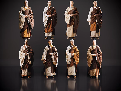 Eight Men Wearing Brown And White Robes Standing On Dark Background With Reflections 3d model