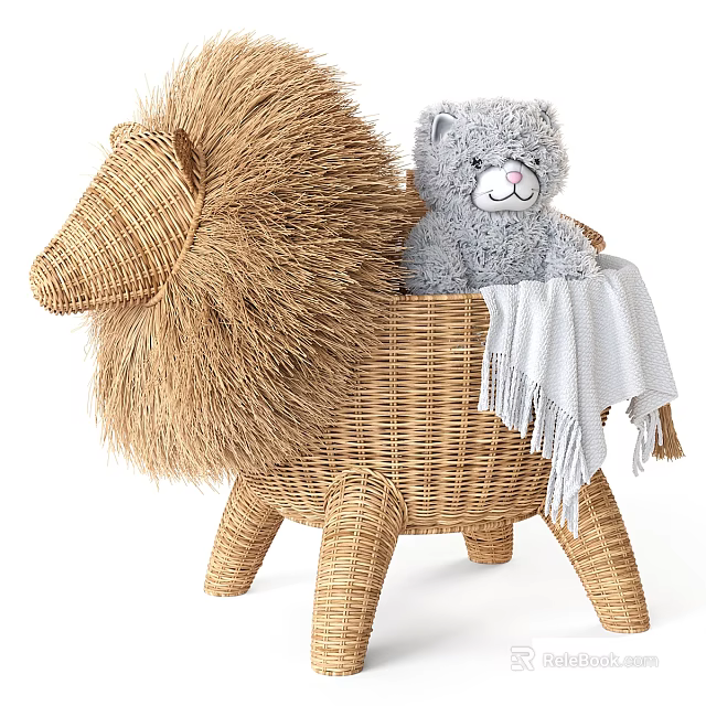 Wicker Lion Shaped Basket With Gray Teddy Bear And Blanket 3d model 