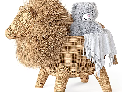 Wicker Lion Shaped Basket With Gray Teddy Bear And Blanket 3d model