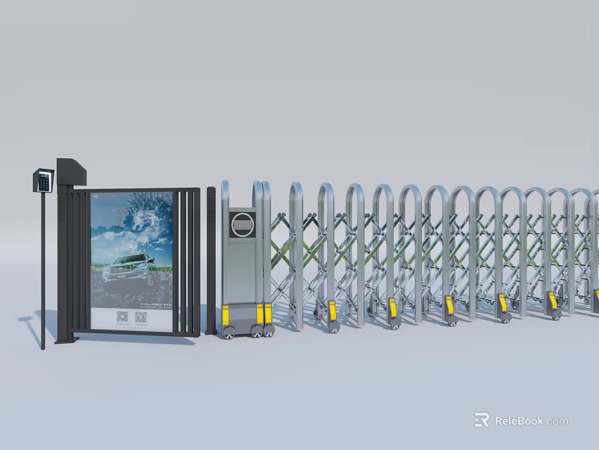 Public Facility Retractable Gate With Access Control Screen And Metal Security Structure 3d model 