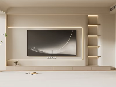 Modern Minimalist TV Wall with Embedded TV LED Strip Lighting and Layered Shelving 3d model