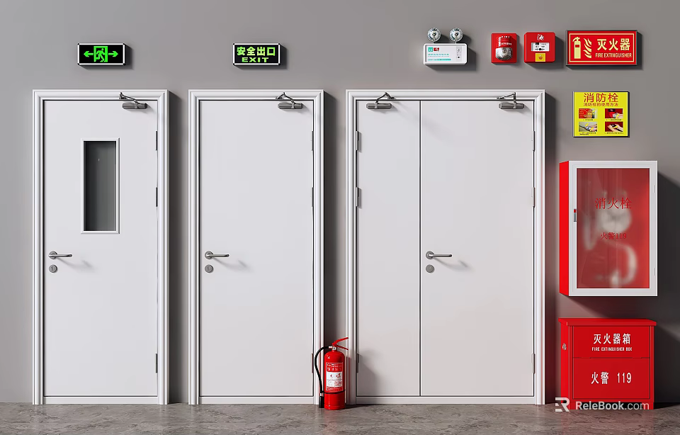 Fire Safety Equipment With White Fire Doors Fire Extinguisher And Emergency Lights 3d model 