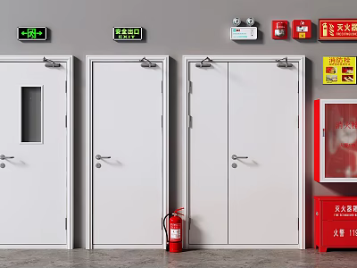 Fire Safety Equipment With White Fire Doors Fire Extinguisher And Emergency Lights 3d model