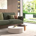 Green Striped Sofa And Round Coffee Table Set In Modern Living Room With Garden View