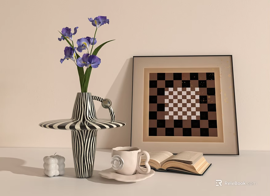 Decorative Ornament Set with Black White Striped Vase Purple Flowers Checkerboard Frame and Open Book 3d model 