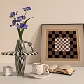 Decorative Ornament Set with Black White Striped Vase Purple Flowers Checkerboard Frame and Open Book