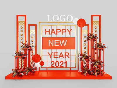 Red Themed New Year 2021 Decorative Setup With LOGO Happy Display And Flower Arrangements 3d model