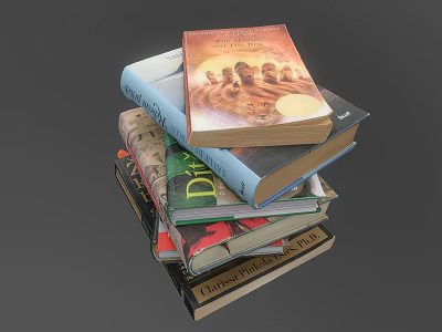 Stack of Various Colored Books With Different Titles on Gray Background 3d model