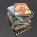 Stack of Various Colored Books With Different Titles on Gray Background 3d model