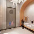 Elegant Modern Public Restroom Corridor With Round Mirrors Stone Sinks And Lighting