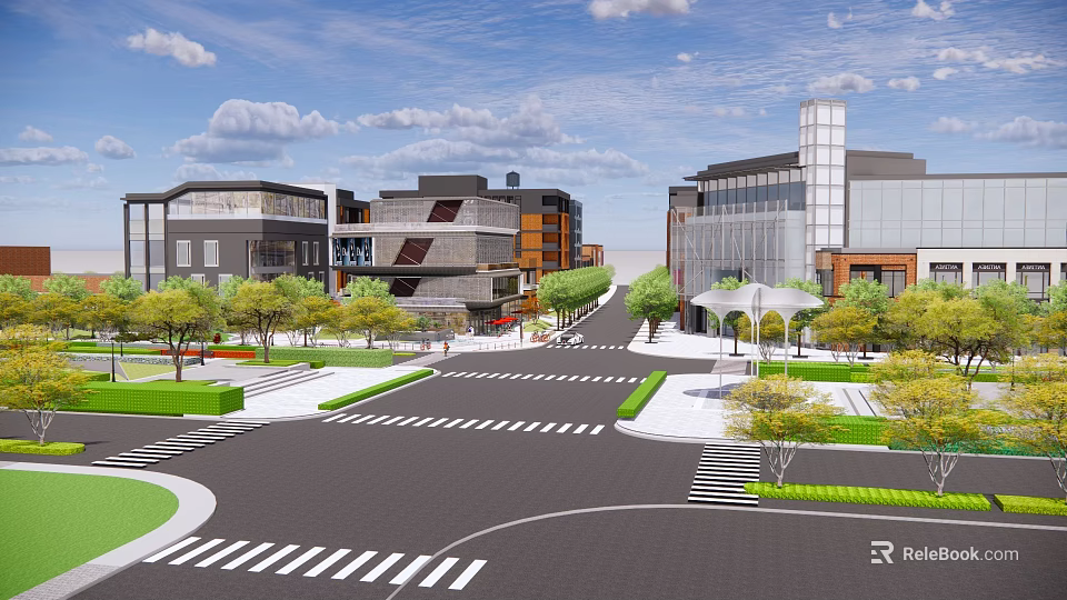 Modern Commercial Street With Modern Buildings Crossroads Greenery And Pedestrian Walkways 3d model 