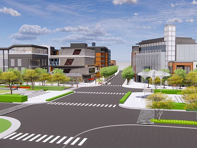 Modern Commercial Street With Modern Buildings Crossroads Greenery And Pedestrian Walkways 3d model