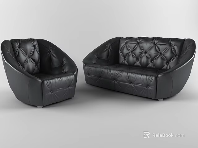 Modern Black Leather Sofa Set Featuring Tufted Design And Curved Armrests 3d model