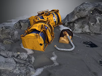 Yellow Industrial Winch Equipment With Rocks Seawater And Footprints On Beach 3d model