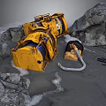 Yellow Industrial Winch Equipment With Rocks Seawater And Footprints On Beach
