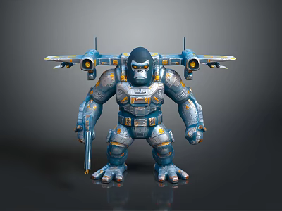 Mechanical Gorilla Character With Jet Wings And Gun In Metallic Armor Design 3d model